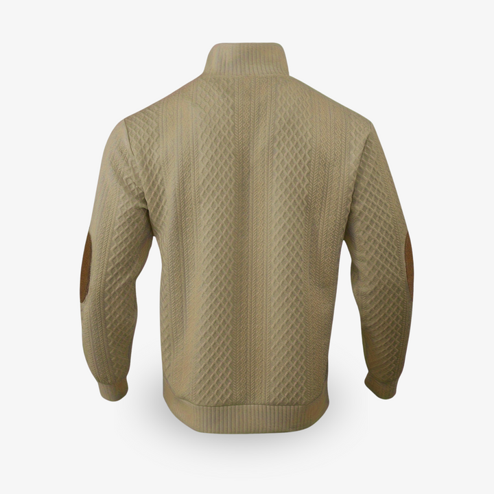 Men's cable knit jumper with mock collar and brown elbow patches