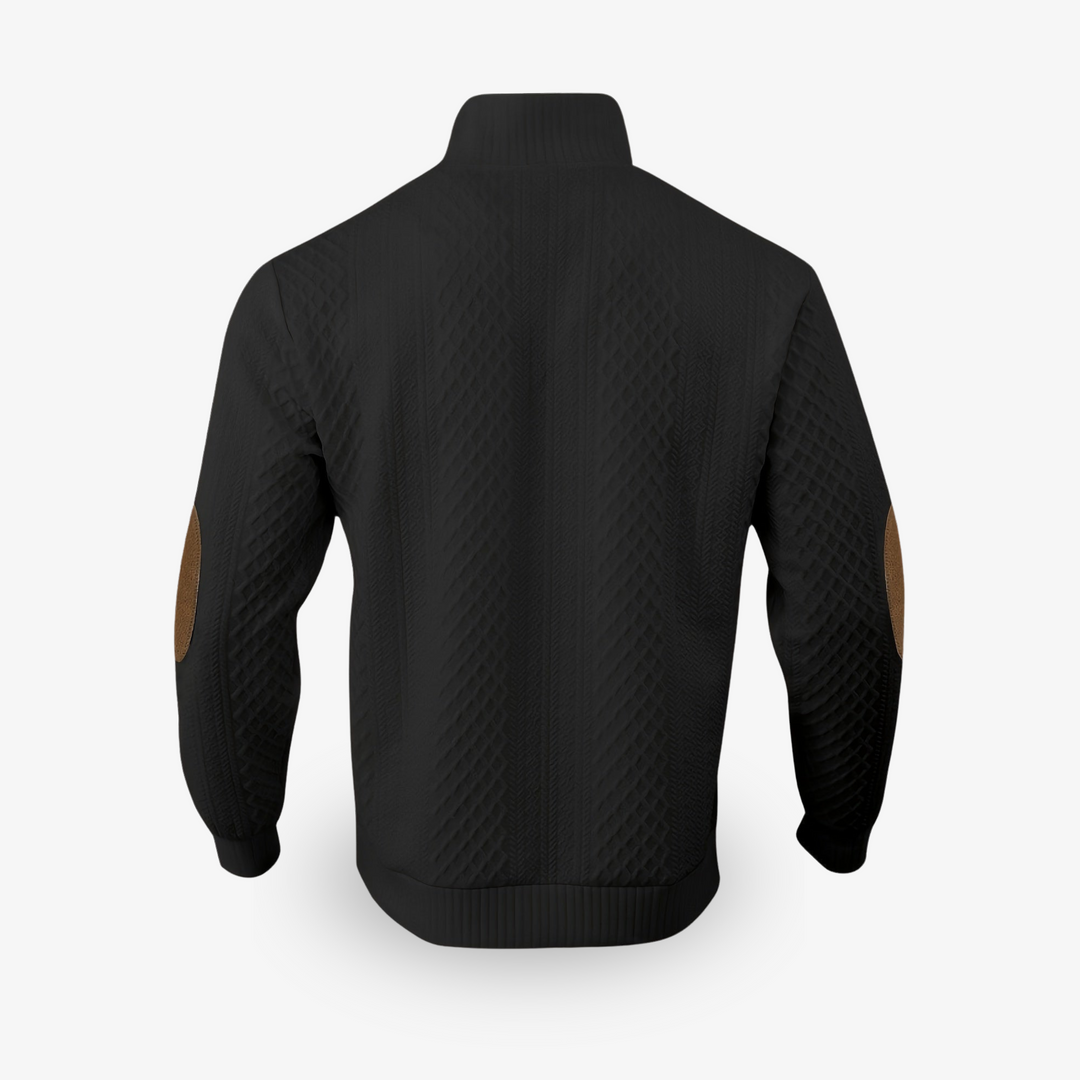 Men's cable knit jumper with mock collar and brown elbow patches