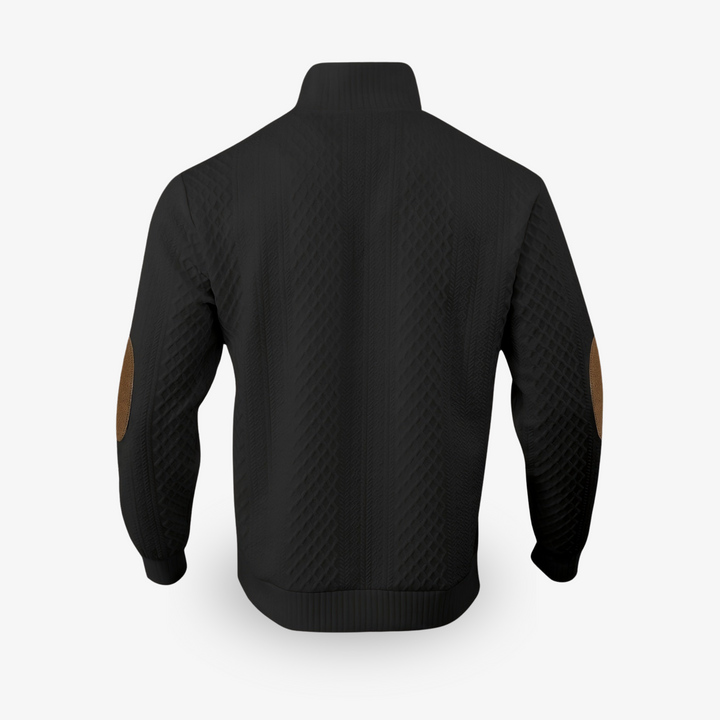 Men's cable knit jumper with mock collar and brown elbow patches