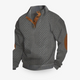 Men's cable knit jumper with mock collar and brown elbow patches