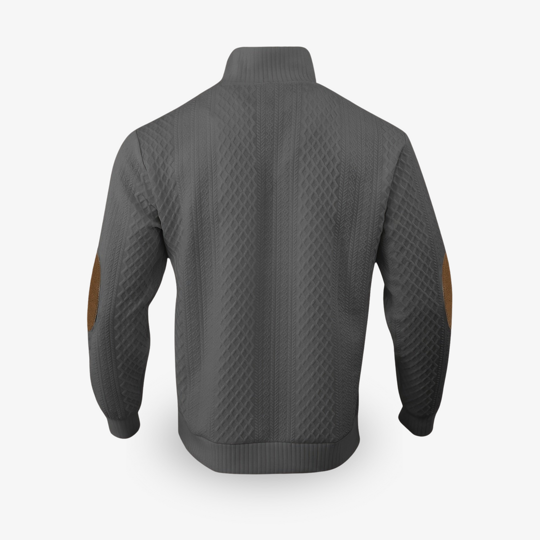 Men's cable knit jumper with mock collar and brown elbow patches