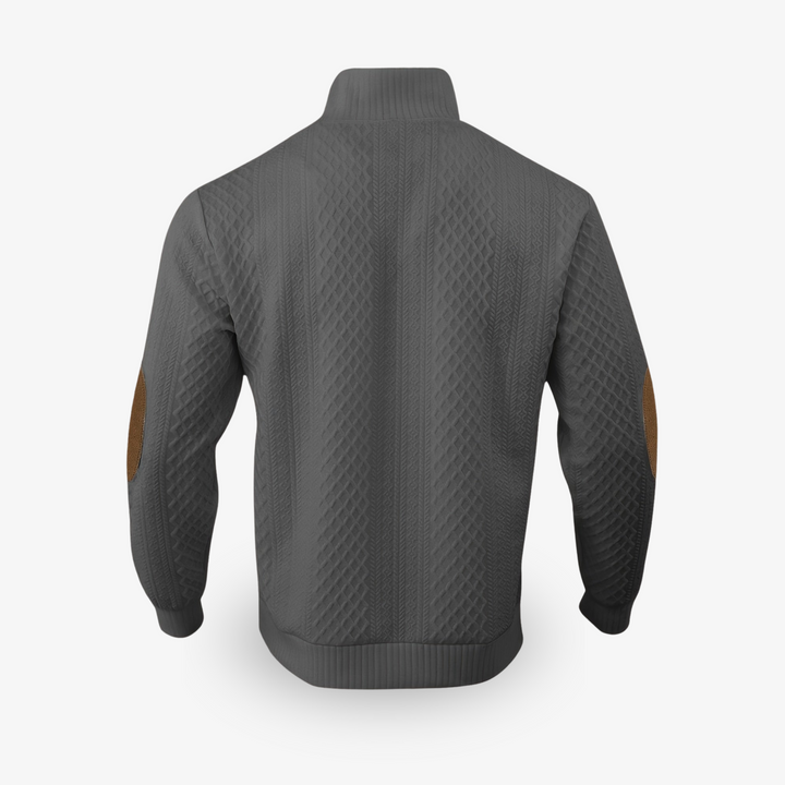 Men's cable knit jumper with mock collar and brown elbow patches