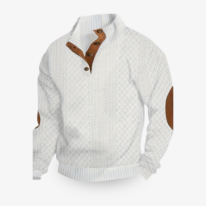 Men's cable knit jumper with mock collar and brown elbow patches