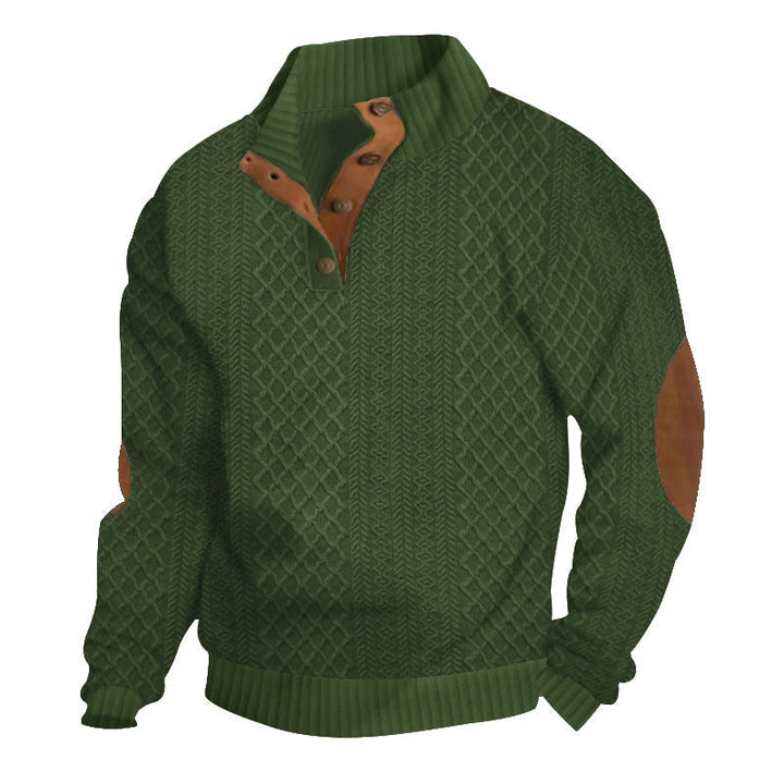 Men's cable knit jumper with mock collar and brown elbow patches