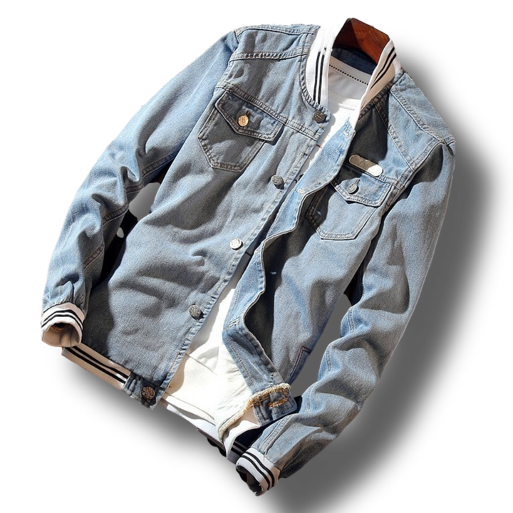 Men's blue denim jacket with striped collar, button front and four flap pockets