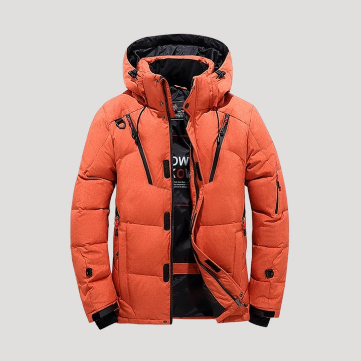 Men's quilted puffer winter jacket with hood and multiple zipped pockets
