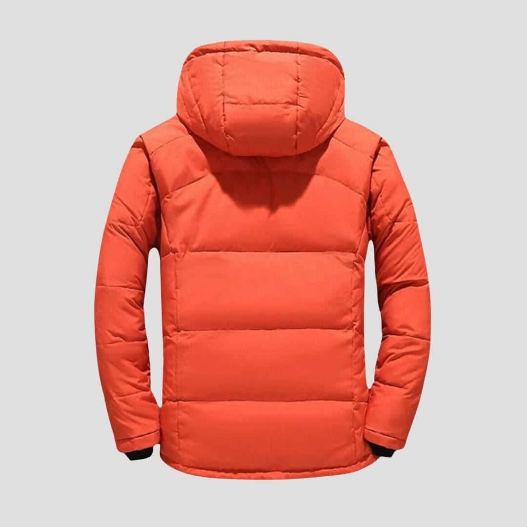 Men's quilted puffer winter jacket with hood and multiple zipped pockets