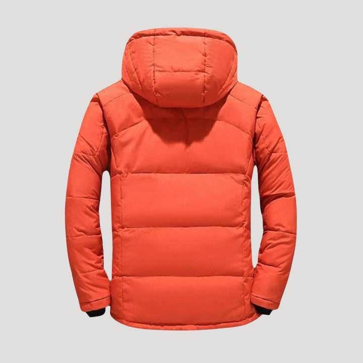 Men's quilted puffer winter jacket with hood and multiple zipped pockets
