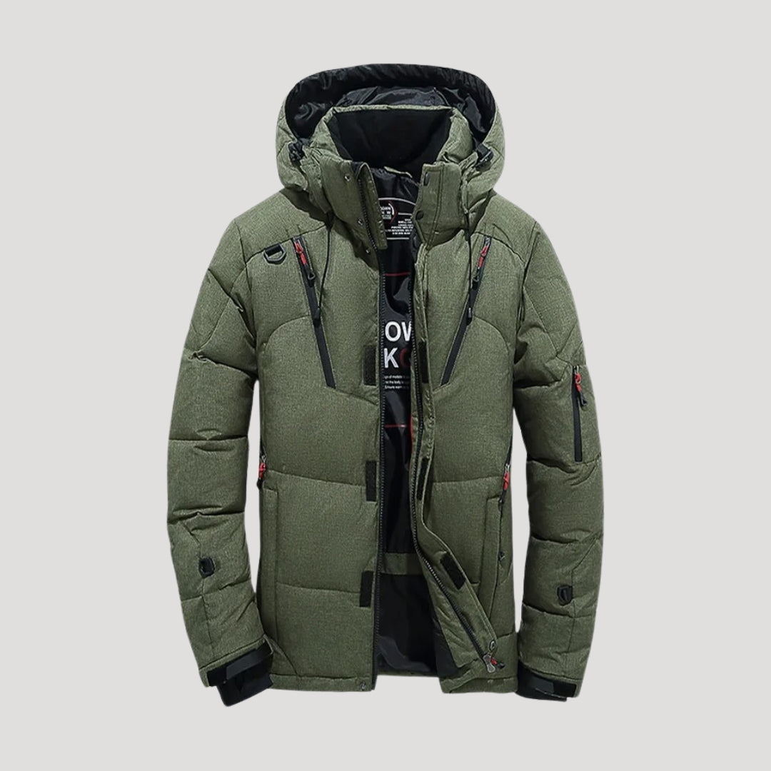Men's quilted puffer winter jacket with hood and multiple zipped pockets