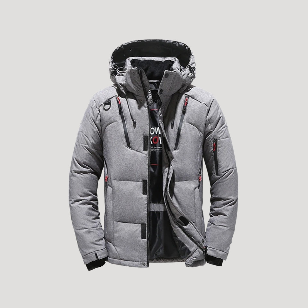 Men's quilted puffer winter jacket with hood and multiple zipped pockets