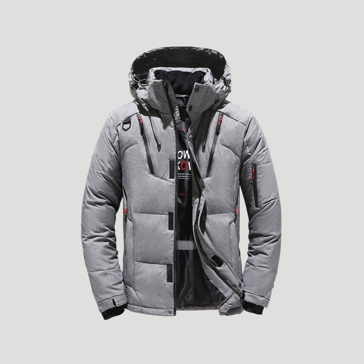 Men's quilted puffer winter jacket with hood and multiple zipped pockets