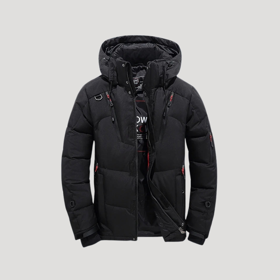Men's quilted puffer winter jacket with hood and multiple zipped pockets