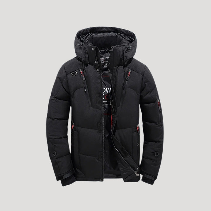 Men's quilted puffer winter jacket with hood and multiple zipped pockets