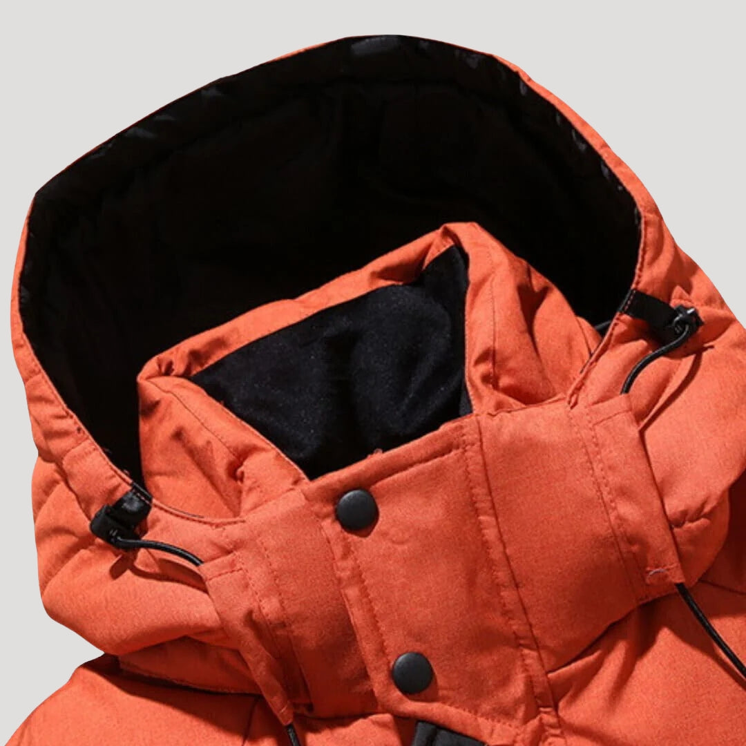 Men's quilted puffer winter jacket with hood and multiple zipped pockets