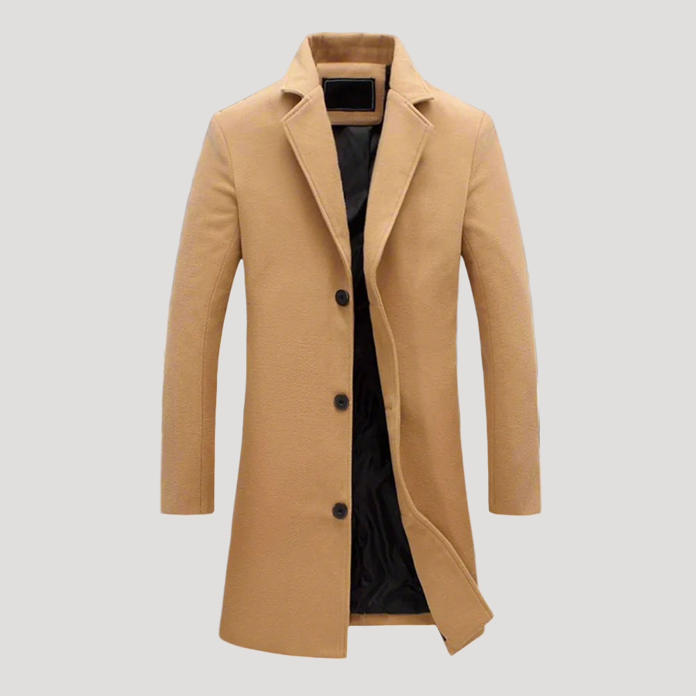 Men's single-breasted knee-length coat with notch lapel and button fastening