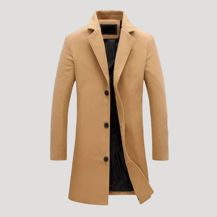 Men's single-breasted knee-length coat with notch lapel and button fastening