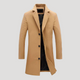 Men's single-breasted knee-length coat with notch lapel and button fastening
