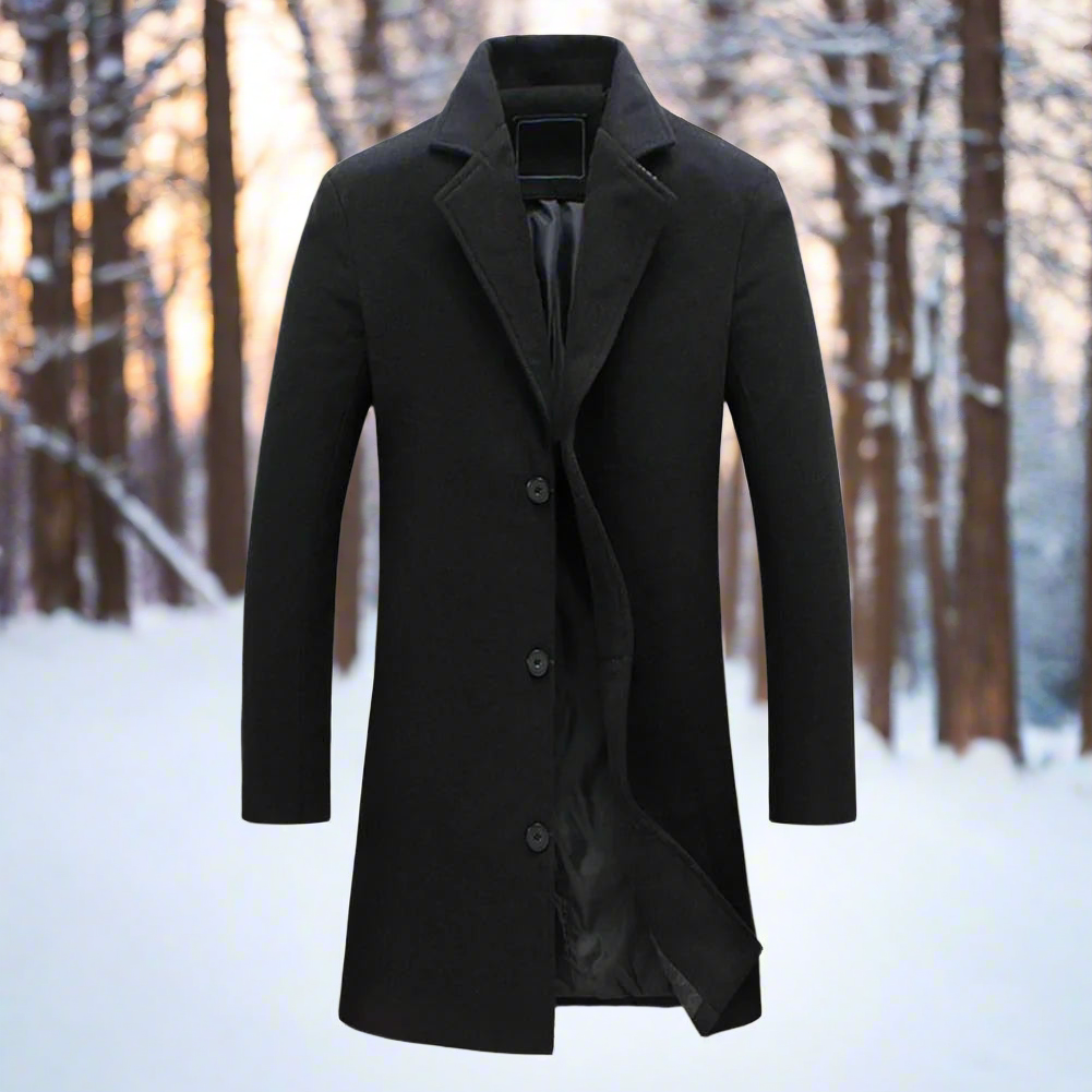 Men's single-breasted knee-length coat with notch lapel and button fastening