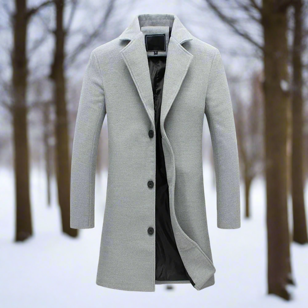 Men's single-breasted knee-length coat with notch lapel and button fastening