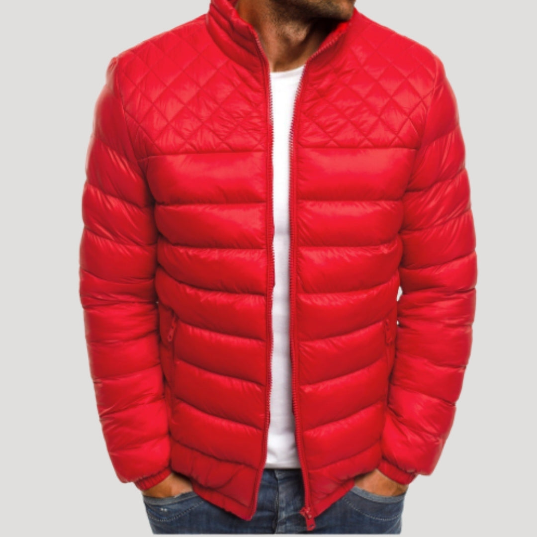 Men's quilted puffer jacket with high collar and zip pockets