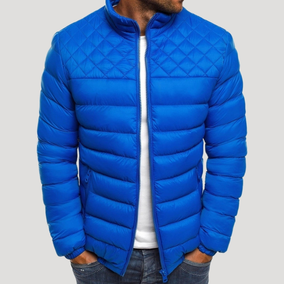 Men's quilted puffer jacket with high collar and zip pockets