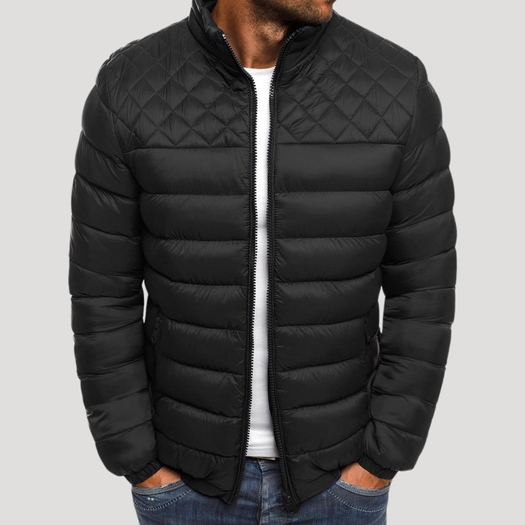 Men's quilted puffer jacket with high collar and zip pockets