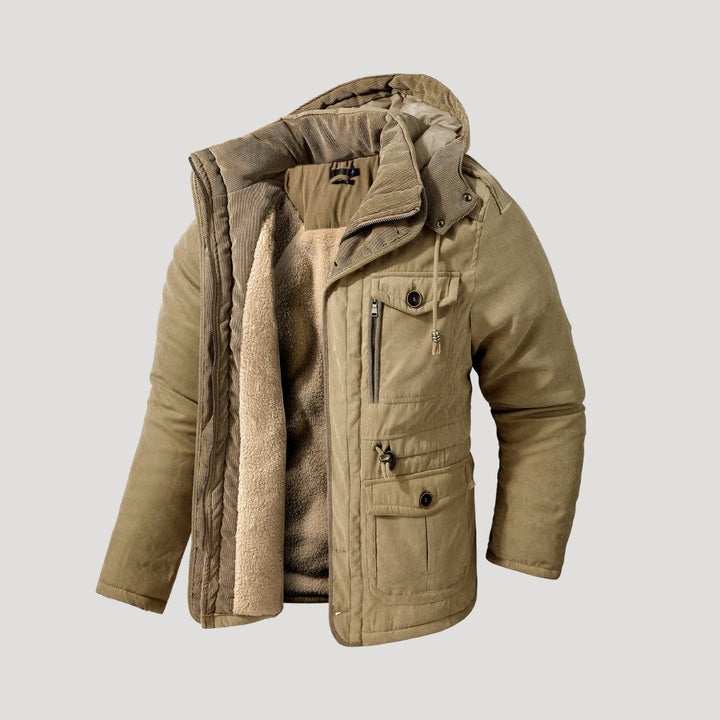 Men's hooded padded parka jacket with long sleeves, multiple pockets and fleece-like lining