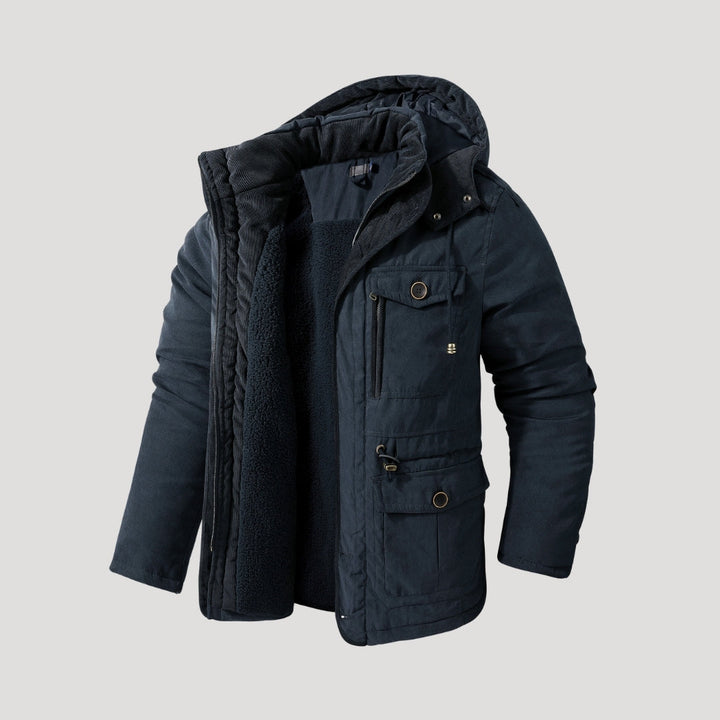 Men's hooded padded parka jacket with long sleeves, multiple pockets and fleece-like lining