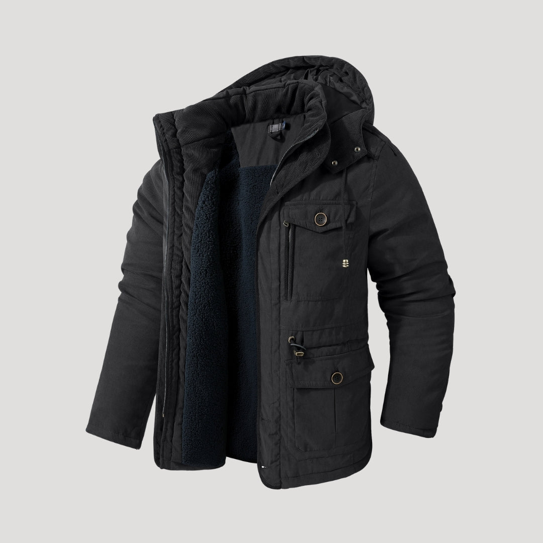 Men's hooded padded parka jacket with long sleeves, multiple pockets and fleece-like lining
