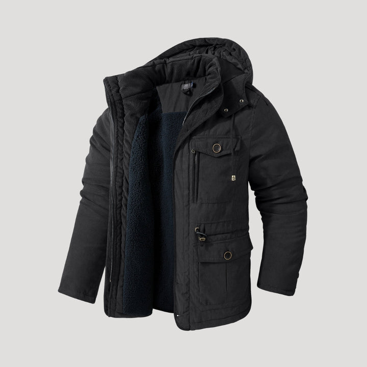 Men's hooded padded parka jacket with long sleeves, multiple pockets and fleece-like lining