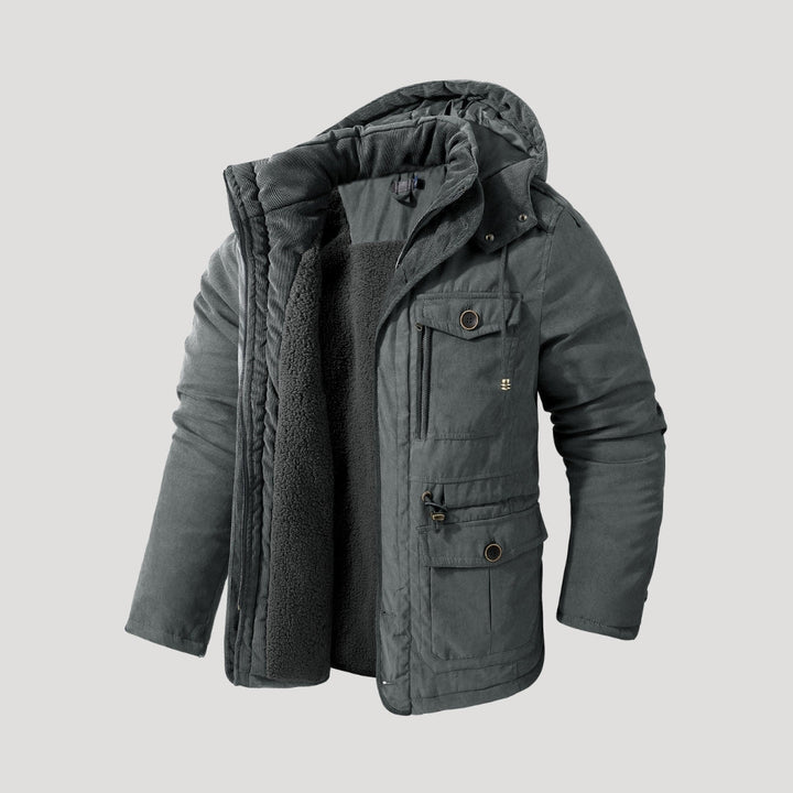 Men's hooded padded parka jacket with long sleeves, multiple pockets and fleece-like lining