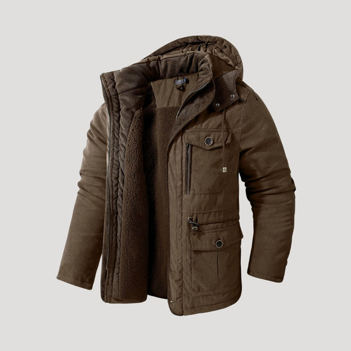 Men's hooded padded parka jacket with long sleeves, multiple pockets and fleece-like lining