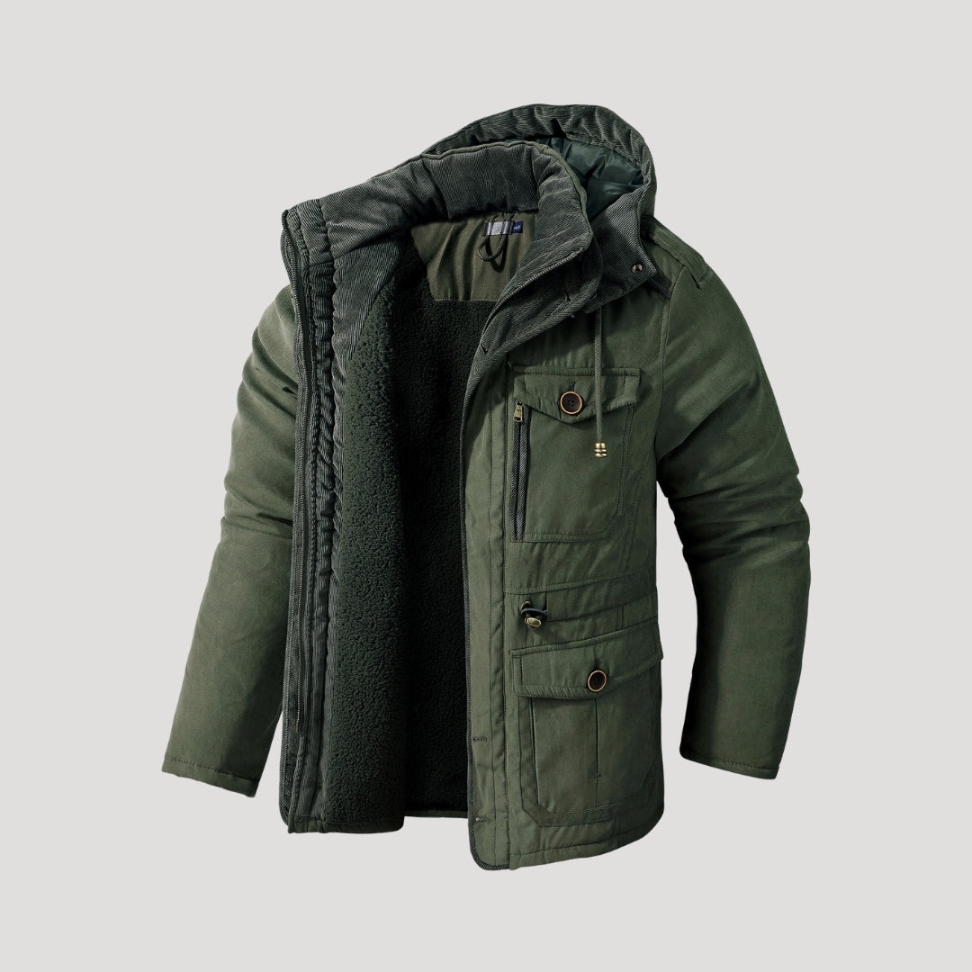 Men's hooded padded parka jacket with long sleeves, multiple pockets and fleece-like lining