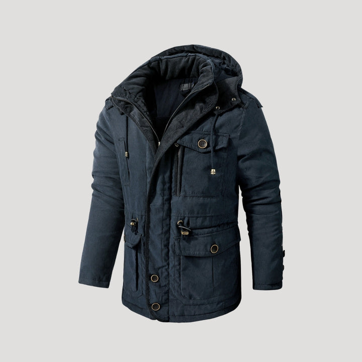Men's hooded padded parka jacket with long sleeves, multiple pockets and fleece-like lining