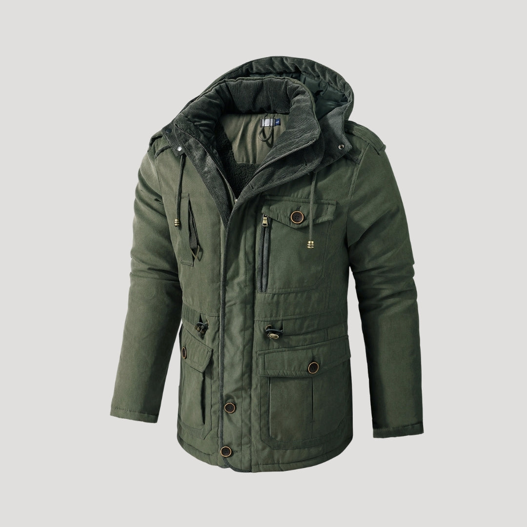 Men's hooded padded parka jacket with long sleeves, multiple pockets and fleece-like lining