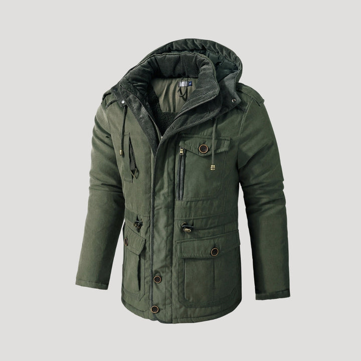Men's hooded padded parka jacket with long sleeves, multiple pockets and fleece-like lining