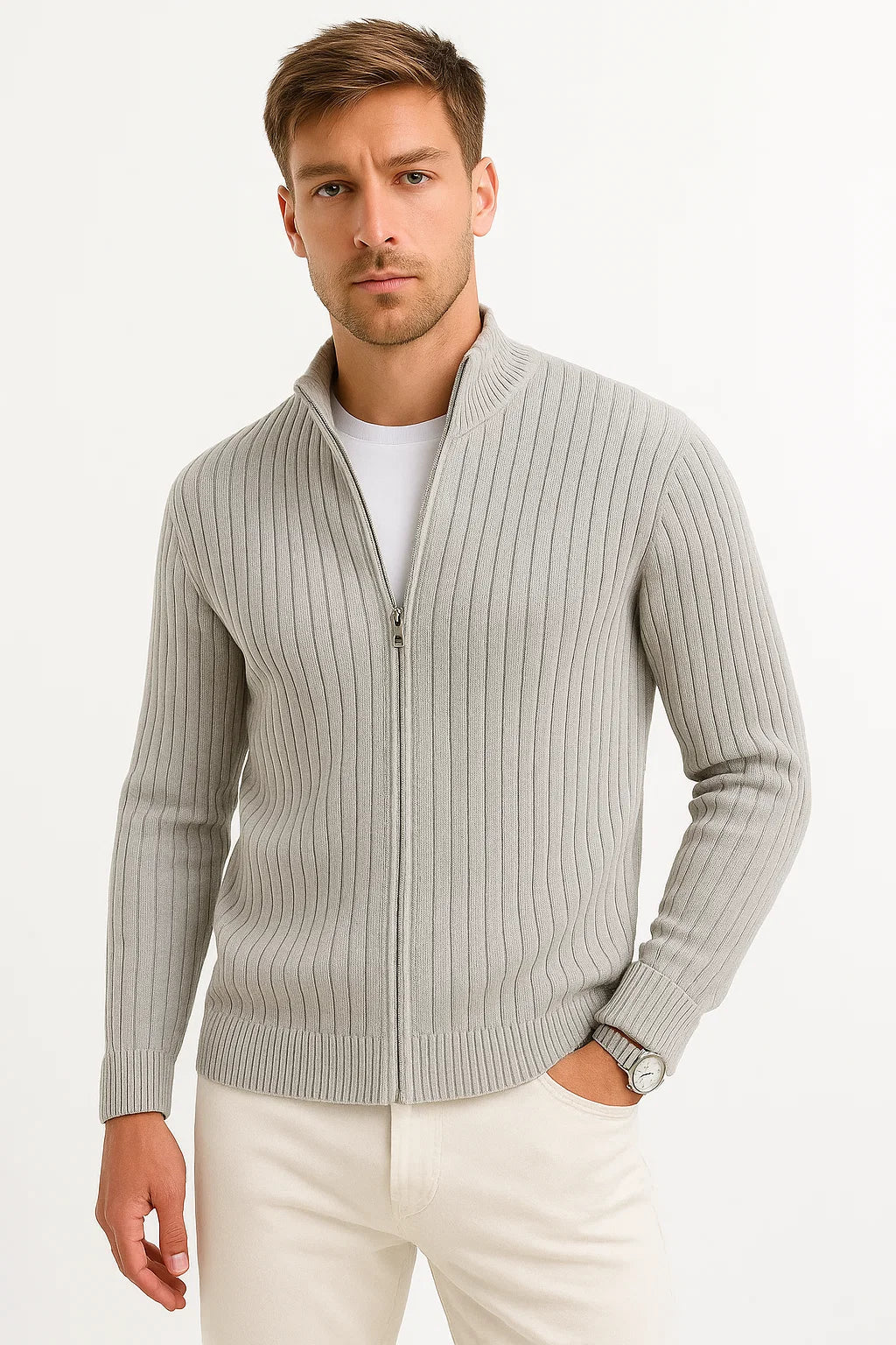 Men's ribbed knit zip cardigan with mock neck and long sleeves