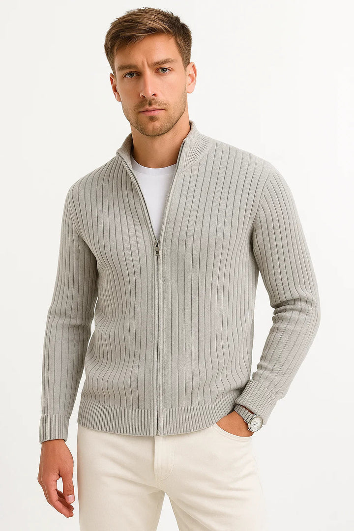 Men's ribbed knit zip cardigan with mock neck and long sleeves