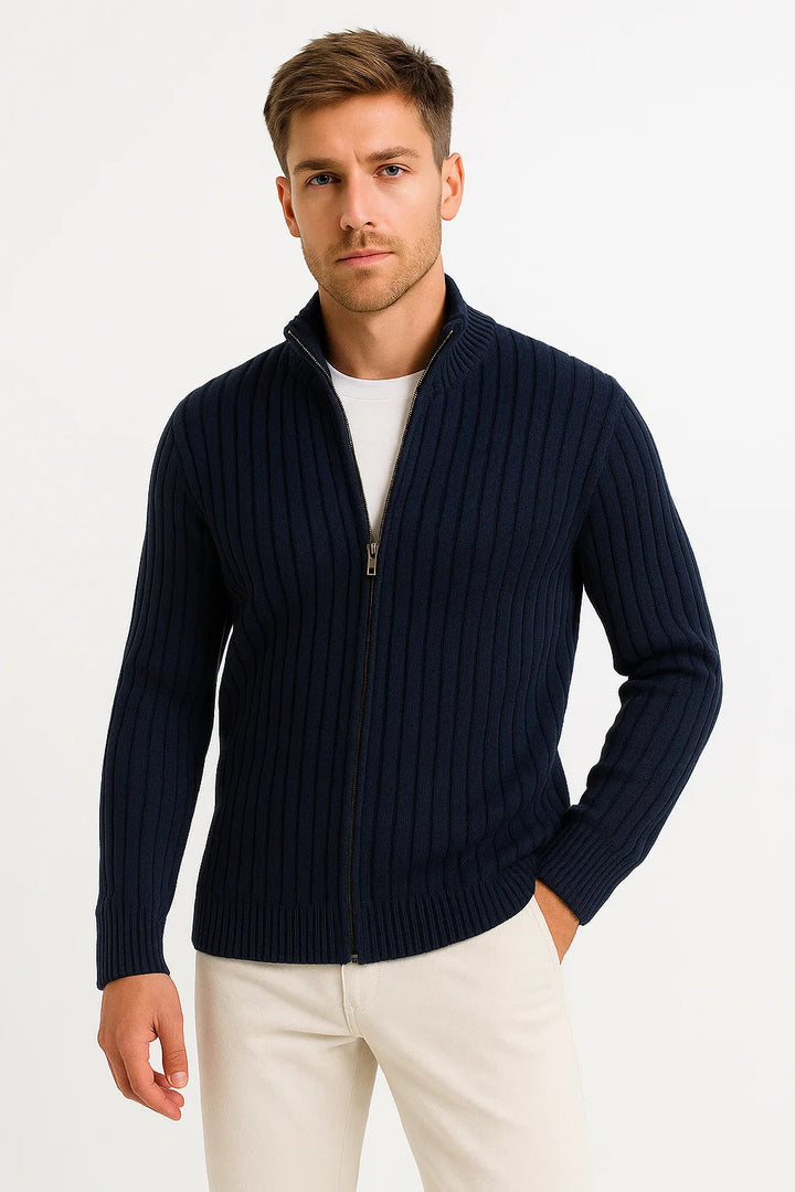 Men's ribbed knit zip cardigan with mock neck and long sleeves