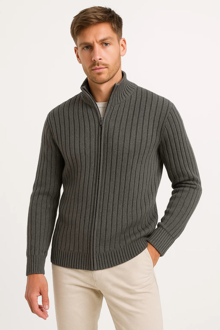 Men's ribbed knit zip cardigan with mock neck and long sleeves