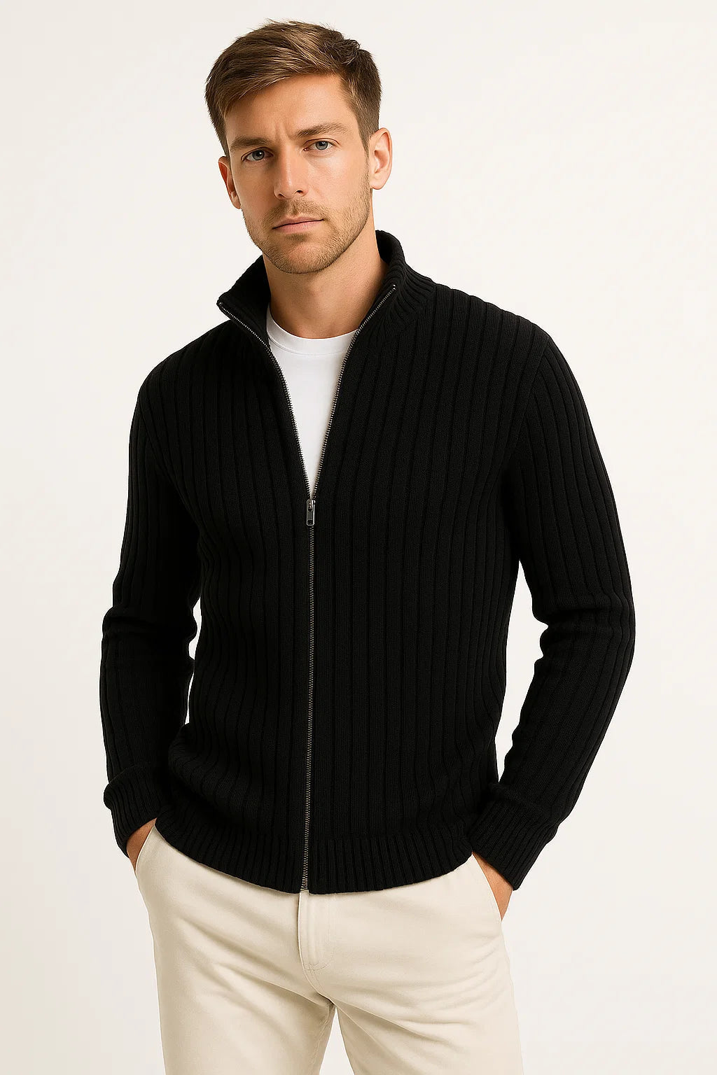 Men's ribbed knit zip cardigan with mock neck and long sleeves