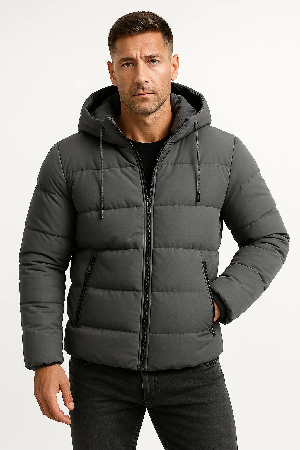 Men's quilted hooded puffer jacket with long sleeves and zipped pockets