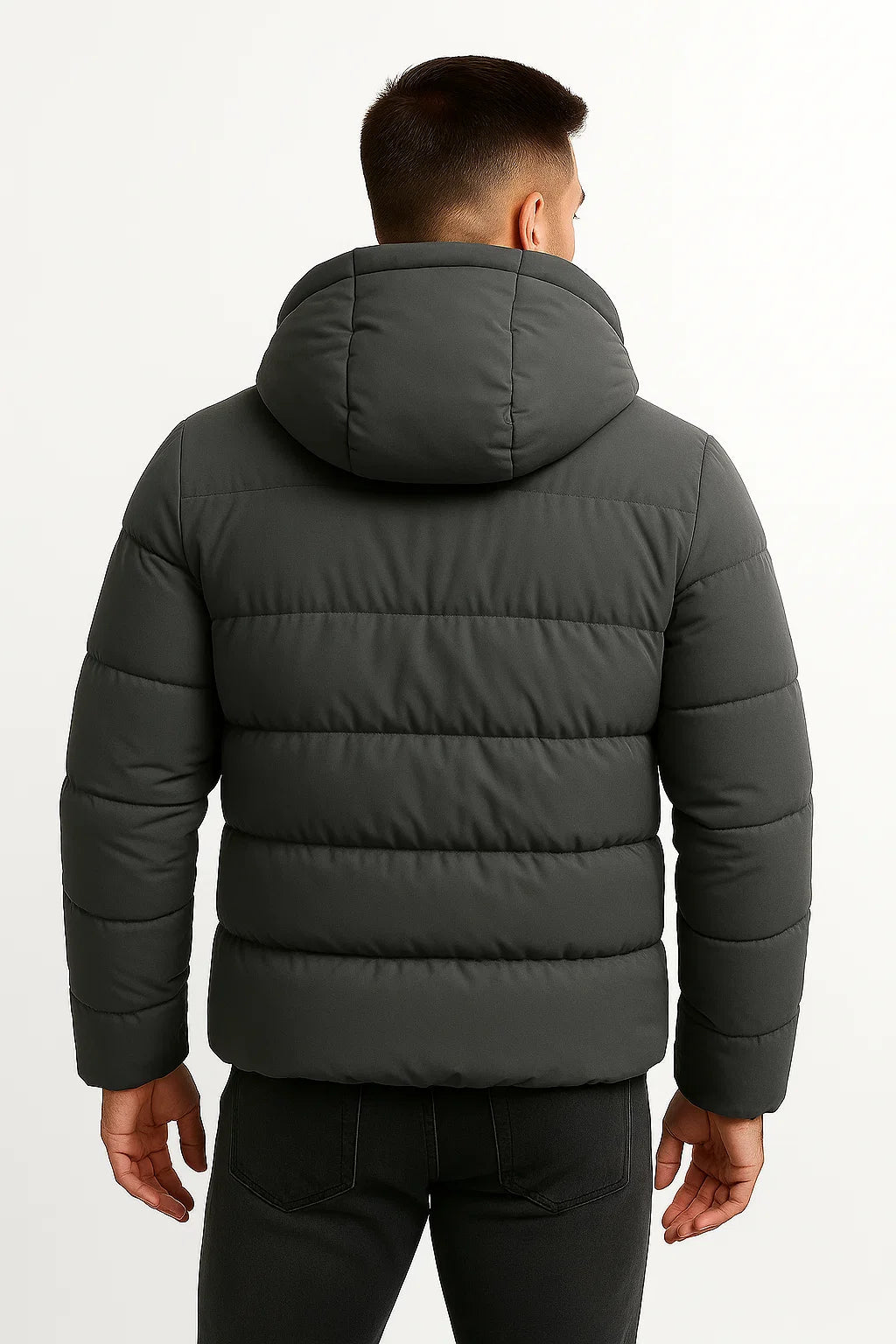 Men's quilted hooded puffer jacket with long sleeves and zipped pockets