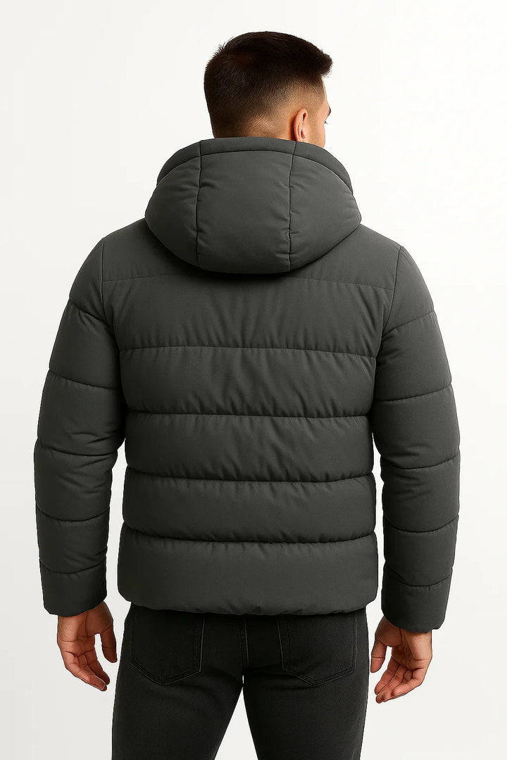 Men's quilted hooded puffer jacket with long sleeves and zipped pockets