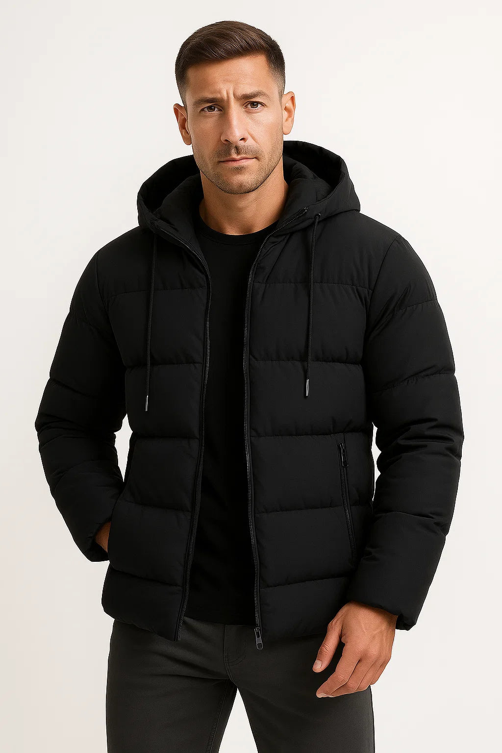 Men's quilted hooded puffer jacket with long sleeves and zipped pockets