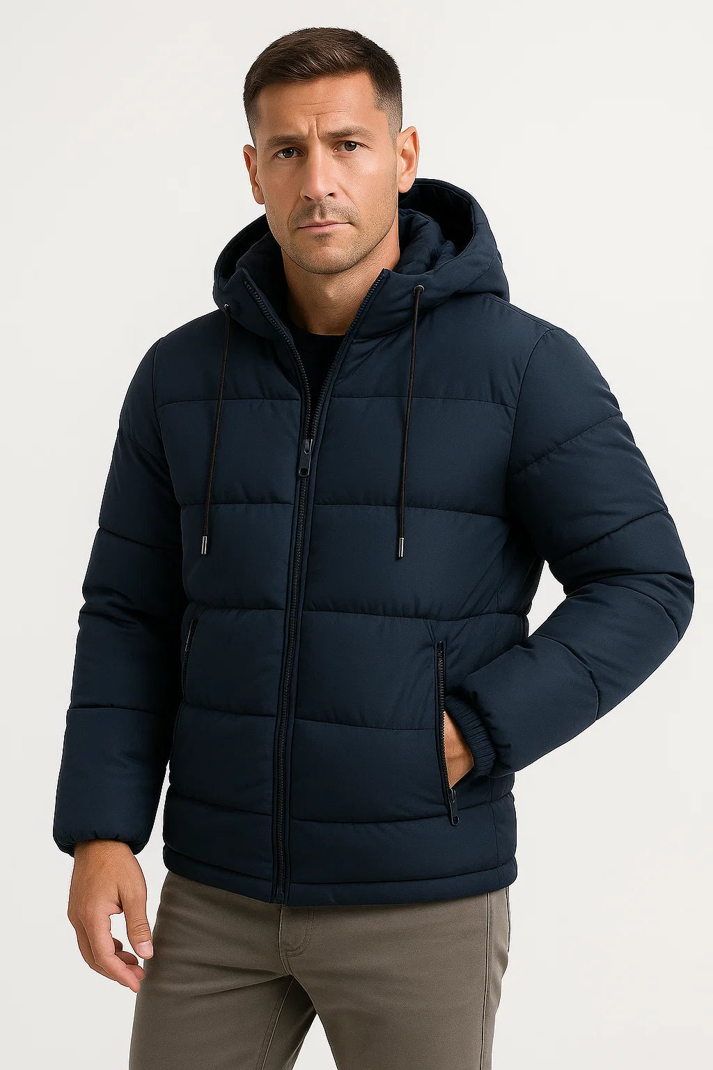 Men's quilted hooded puffer jacket with long sleeves and zipped pockets