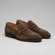 Men's penny loafers with almond toes, front straps and low flat heels