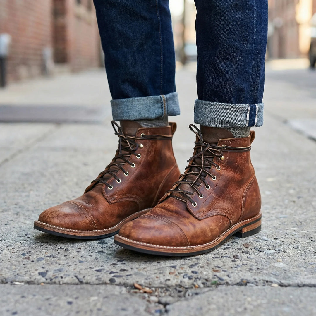 Men's brown lace-up ankle boots with cap toes and low heels