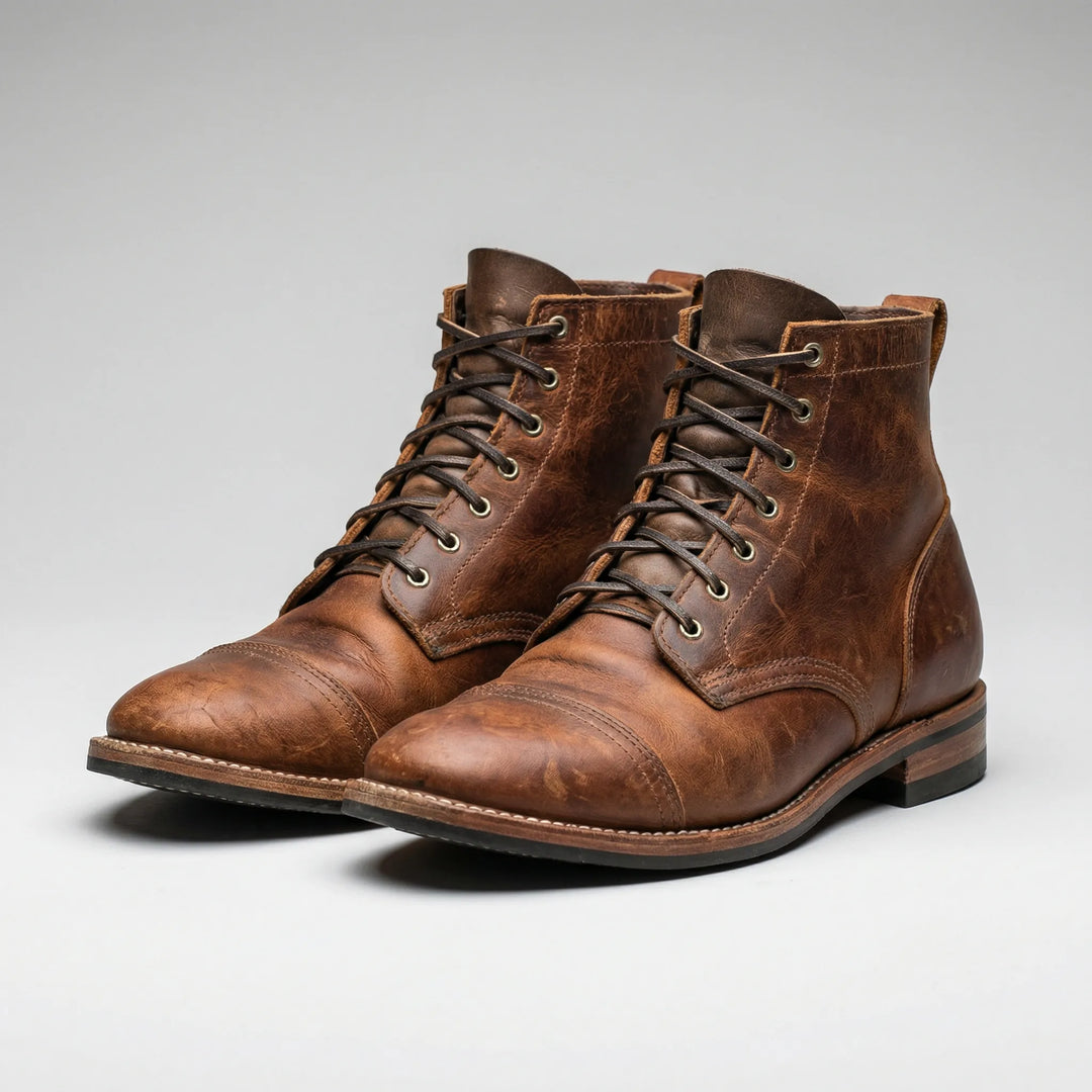 Men's brown lace-up ankle boots with cap toes and low heels