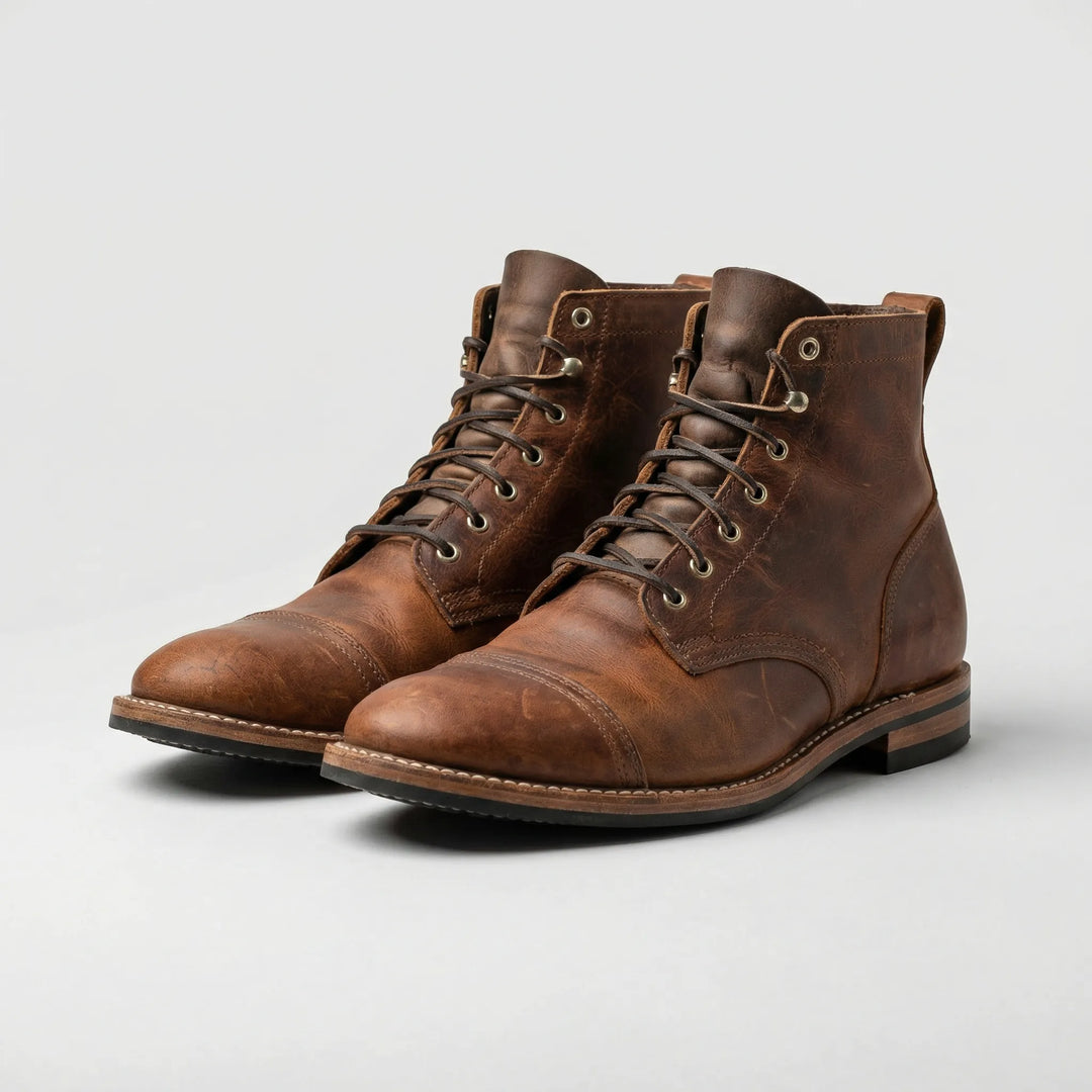 Men's brown lace-up ankle boots with cap toes and low heels
